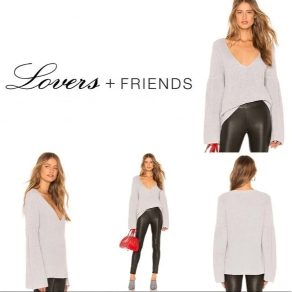 Lovers & Friends Addison gray ribbed knit flared sleeve v cut neckline sweater - Picture 9 of 10